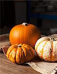 Various pumpkins on a jute cloth