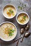 Smoked haddock and corn chowder garnished with cress, view from above