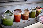 Various sauces for burritos in a street kitchen (USA)