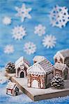 Gingerbread houses decorated with white royal icing