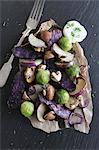 Oven-roasted winter vegetables with dill yoghurt dip