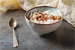 Traditional rice pudding with cinnamon Dark background Tasty and nutritious breakfast