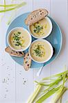 Vichyssoise soup (creamy leek and potato) with olive oil, fresh chive and sour dough bread