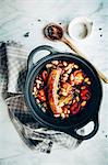 bean stew, sausage, tomatos, fresh thyme, bayleaf, white and kidney beans, salt