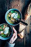 lentill soup, green and red lentills, greek yoghurt, spinach, bread