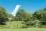 Canada. Province of Quebec. Montreal. District Hochelega-Maisonneuve (HoMa). The botanic garden. The Japanese garden. In the background: the Tilted tower of the olympic stadium