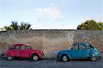 France, Vendee, Yeu island, Saint-Sauveur, two parked 2CV.