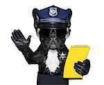 POLICE DOG ON DUTY WITH ticket fine and hand , isolated on white blank background, behind black banner or placard