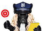 policewoman dog ON DUTY WITH ticket fine and stop sign isolated on white blank background wearing a blonde funny wig