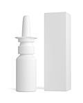 Spray nasal plastic bottle and tall white paper box for medical packaging mock up. 3D illustration