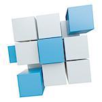 Abstract 3d illustration of cube assembling from blocks. Isolated on white. Template for your design