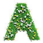 Letter A Of Green Grass And Flowers. Isolated On White Background. Font For Your Design. 3D Illustration