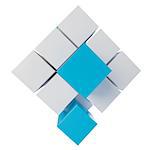 Abstract 3d illustration of cube assembling from blocks. Isolated on white. Template for your design