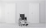 Wheelchair in room with two closed doors. 3D Illustration. Choice concept