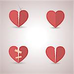 Set of different paper heart icons isolated on a light background, flat style, vector illustration.