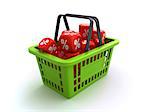 Shopping basket with discount dice on the white background (3d render)