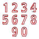 Red numbers set from 0 to 9 isolated on white background, three-dimensional rendering, 3D illustration