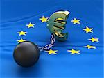 Euro symbol attached to an iron chained ball on EU flag (3d render)