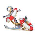 Anchor, lifebuoy and rope. 3D render illustration isolated on white background