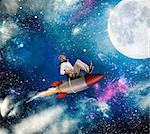 Businessman flying over a rocket in the universe. Increase the climb to success concept