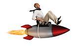 Businessman flying over a rocket. Increase the climb to success concept