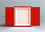 Open red cargo container with light inside. Gray background. 3D rendering