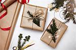 Christmas gifts wrapped in brown paper, decorated with fern and string, overhead view