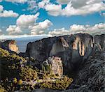 Landscape view of Roussanou Monastery on top of rock formation, Meteora, Thassaly, Greece