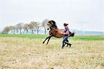 Woman running and leading horse while training in field