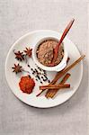 Cocoa powder and various spices (seen from above)