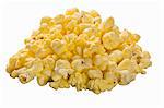 A pile of buttered popcorn on the white surface