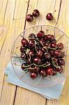 Fresh cherries in a wire basket