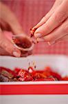 Chilli flakes being sprinkled over beef with peppers