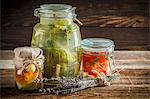 Pickled cucumbers, tomatoes and mushrooms in jars