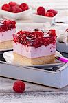 A slice of raspberry cheesecake with raspberry jelly