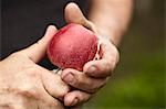 A man cutting an apple with a knife