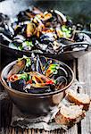 Mussels with garlic and chillis served with bread