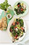 Spinach salad with radishes, cucumber, beetroot leaves, cherry tomatoes, quinoa, bread and black pepper