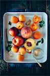 Fruits with stones (apricots, peaches and nectarines) with brown sugar and mint leaves on a tray