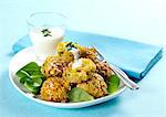 Vegetable & rice fritters with yoghurt sauce