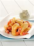 Gamberi in pastella con tartara (baked prawns with tartare sauce, Italy)