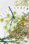 Fennel seeds and flowers on a ceramic plate