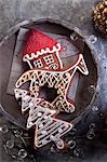 Christmas gingerbread biscuits (shaped like a Christmas tree, horse and house)