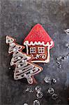 Christmas gingerbread biscuits in the shape of a house and a Christmas tree