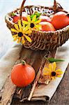 Small hokkaido pumpkins in a basket with flowers