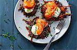 Vitelotte Rösti (fried Swiss potato cakes) with crème fraîche and salmon