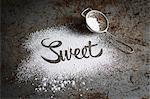 The word 'sweet' written in icing sugar