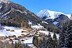 The alpine village of Langwies framed by woods and snowy peaks, district of Plessur, Canton of Graubunden, Swiss Alps, Switzerland, Europe