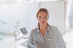 Portrait confident female doctor with digital tablet in doctor’s office