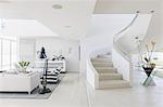 White modern luxury home showcase spiral staircase and living room